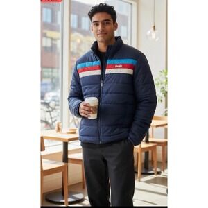 Wendys Employee Uniform Puffer Jacket Barco Navy Blue Retro Stripe Mens Large